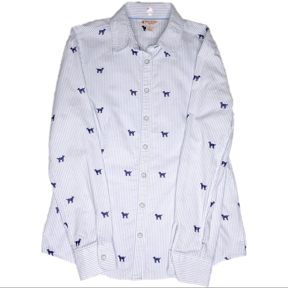 BROOKS BROTHERS DOG EMBROIDERED STRIPED BUTTON TOP